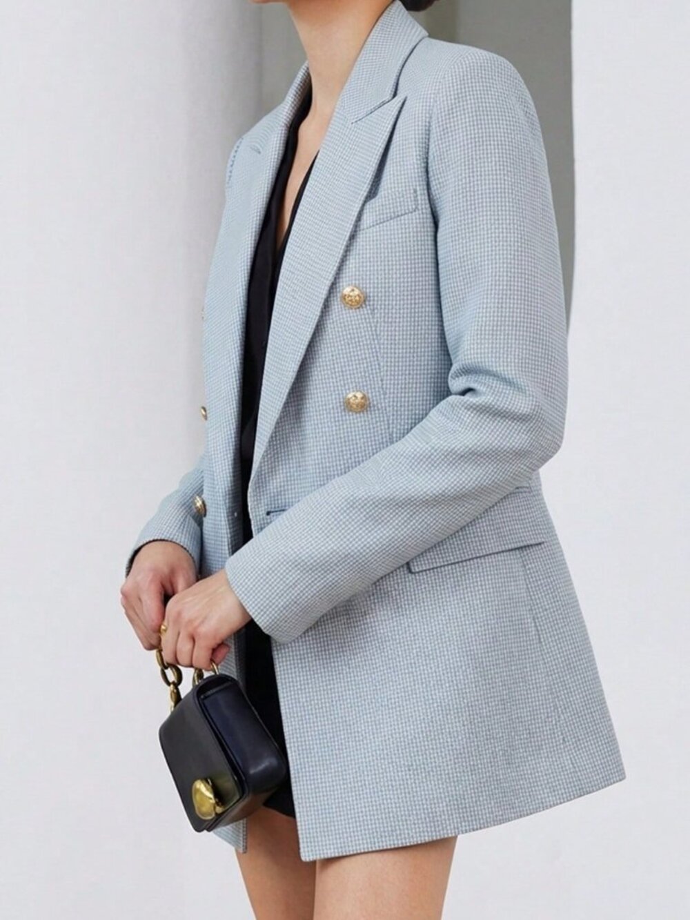 Blue Casual Women's Double-Breasted Notch Lapel Houndstooth Tweed Blazer